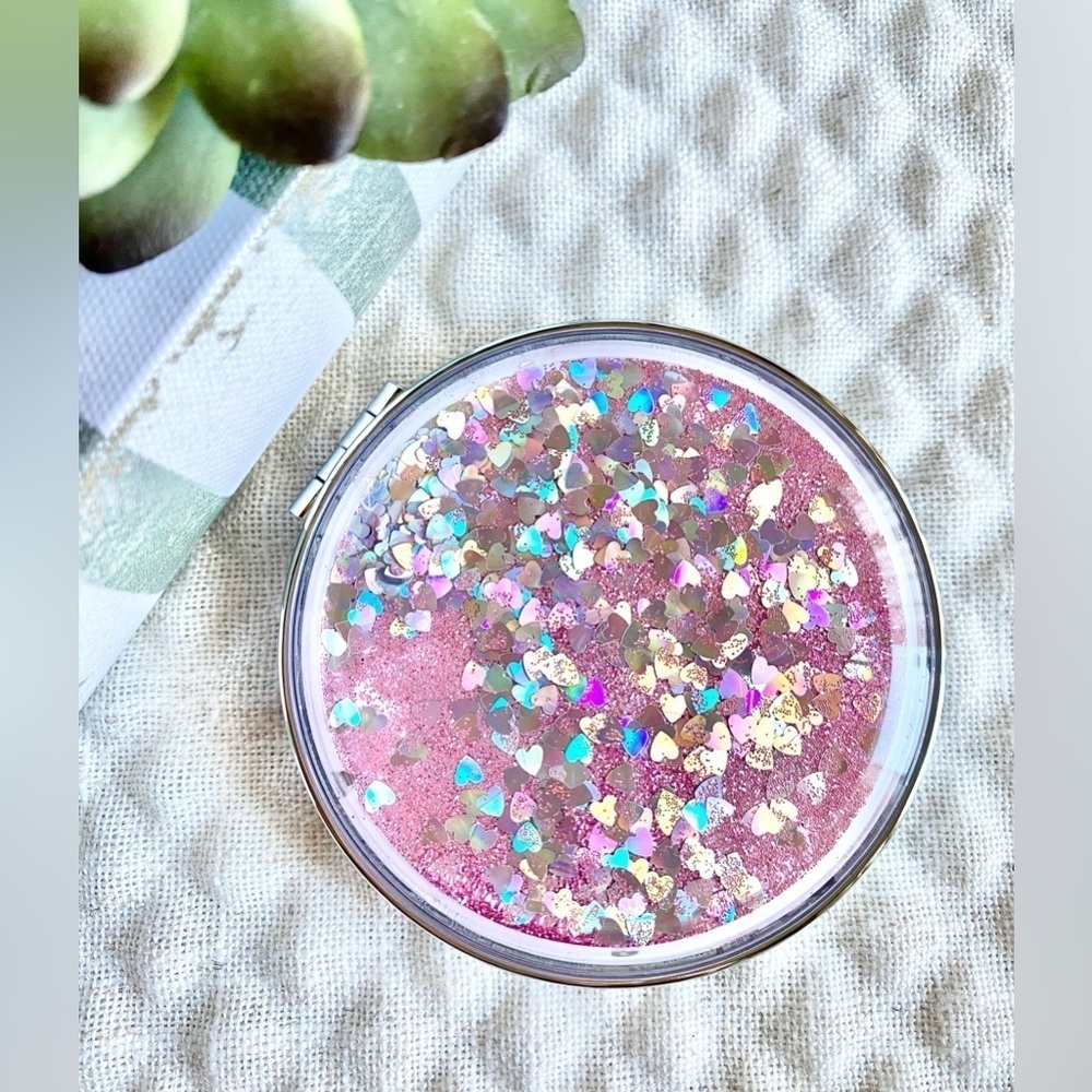 New Pink Glitter & Holographic Heart Retro 80s Style Double Mirror Purse Compact